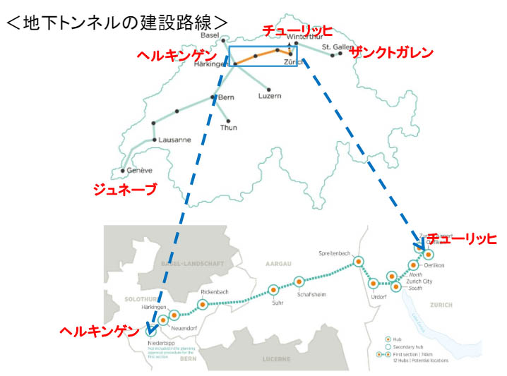 図）地下トンネルの建設路線（下がチューリッヒからヘルキンゲンの拡大図）