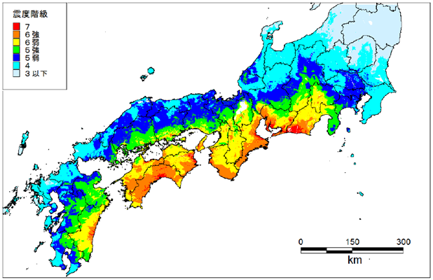 図）南海トラフ巨大地震の震度分布（強震動生成域を陸側寄りに設定した場合）